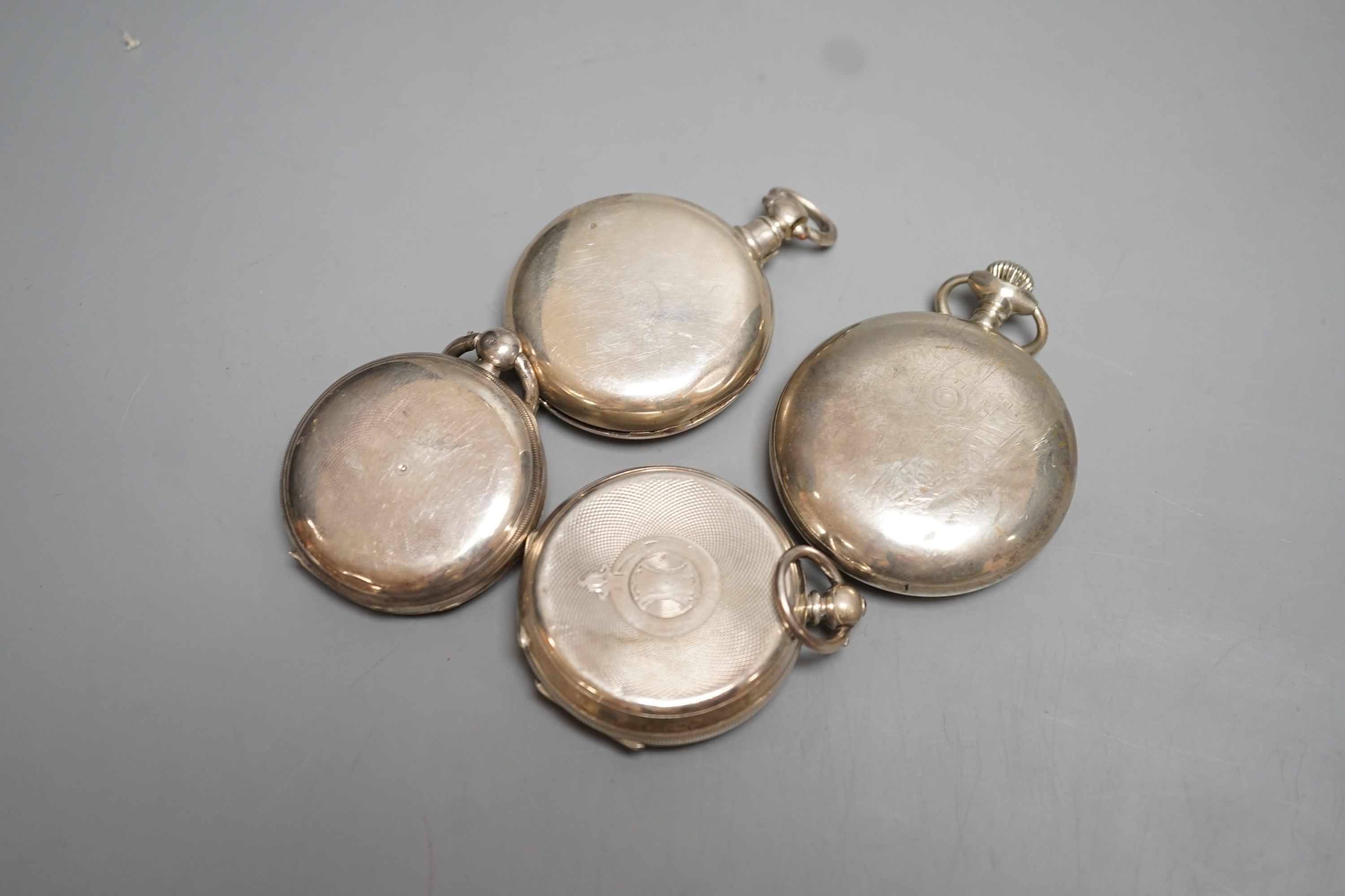 Two silver open face pocket watches including Henry Peck, London and two other pocket watches including Elgin.